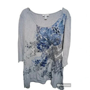 Style & Co Tunic Sequins Metallic Gray 3/4 Sleeve 100% Cotton Size Medium